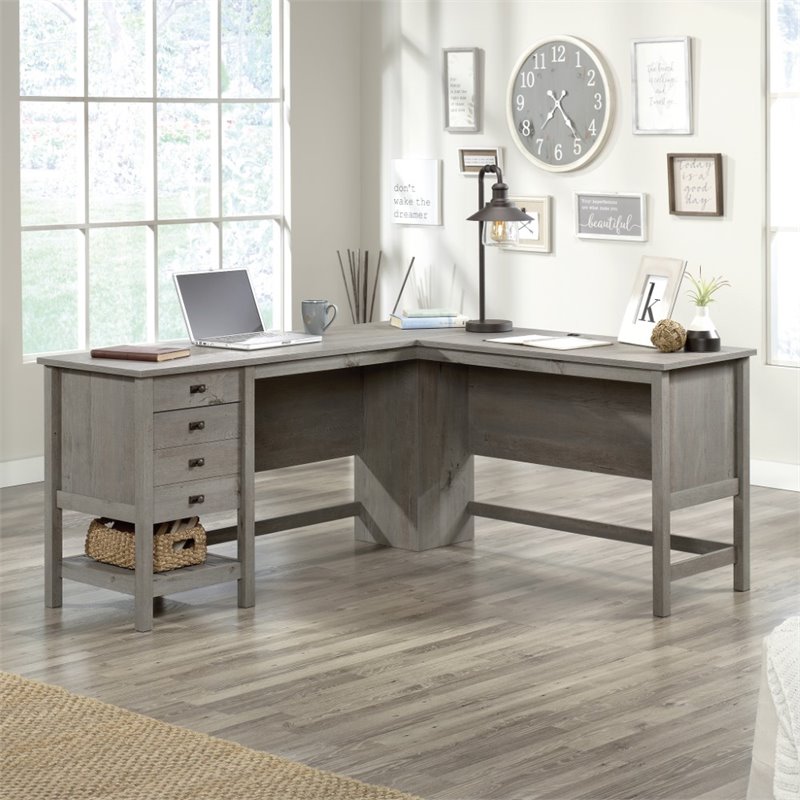 UrbanPro L-shaped Farmhouse Engineered Wood Computer Desk in Mystic Oak