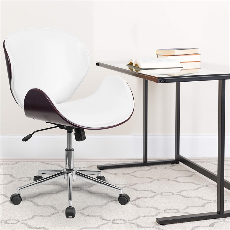 UrbanPro Mid Century Leather Swivel Office Chair in White and Mahogany