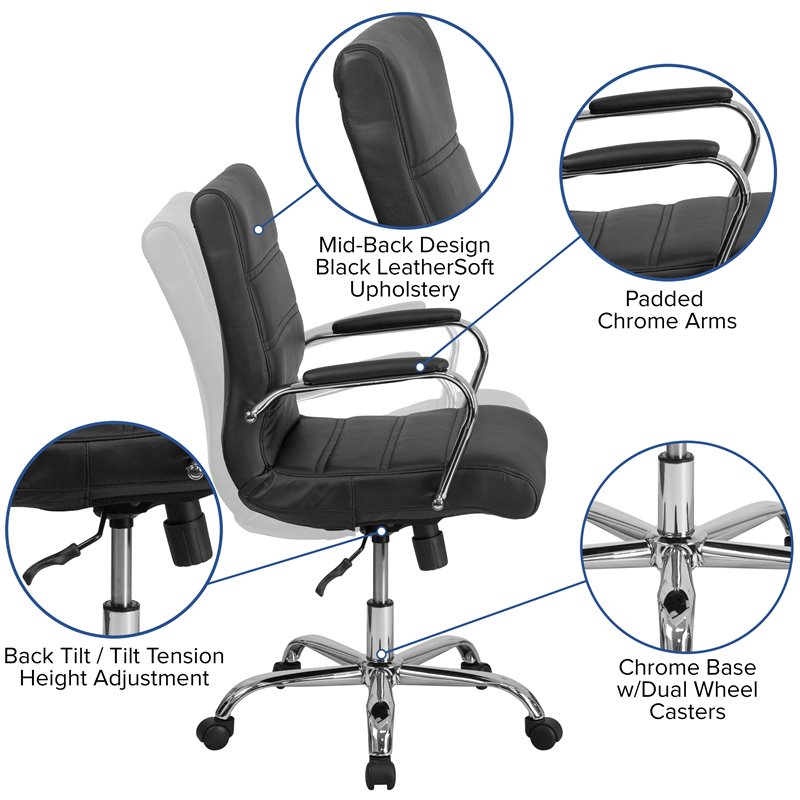 UrbanPro Traditional Mid Back Leather Office Swivel Chair in Black and Chrome