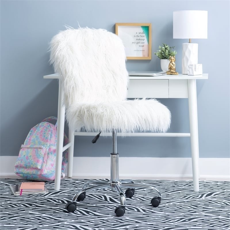 UrbanPro Transitional Faux Fur Fabric Armless Office Task Chair in White/Chrome