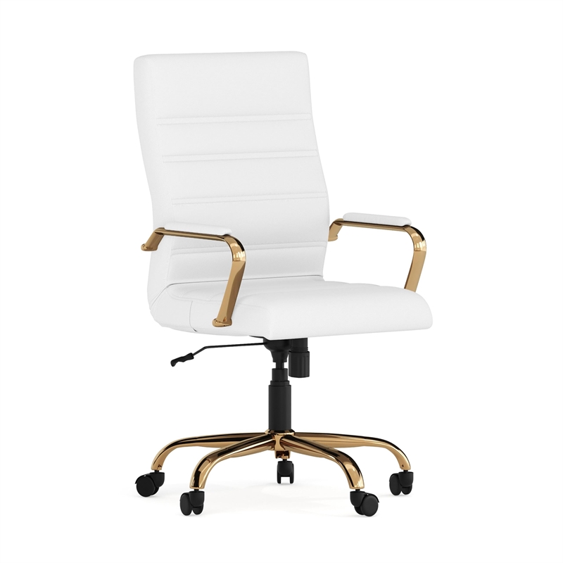 UrbanPro Contemporary Faux Leather High Back Swivel Office Chair in White/Gold
