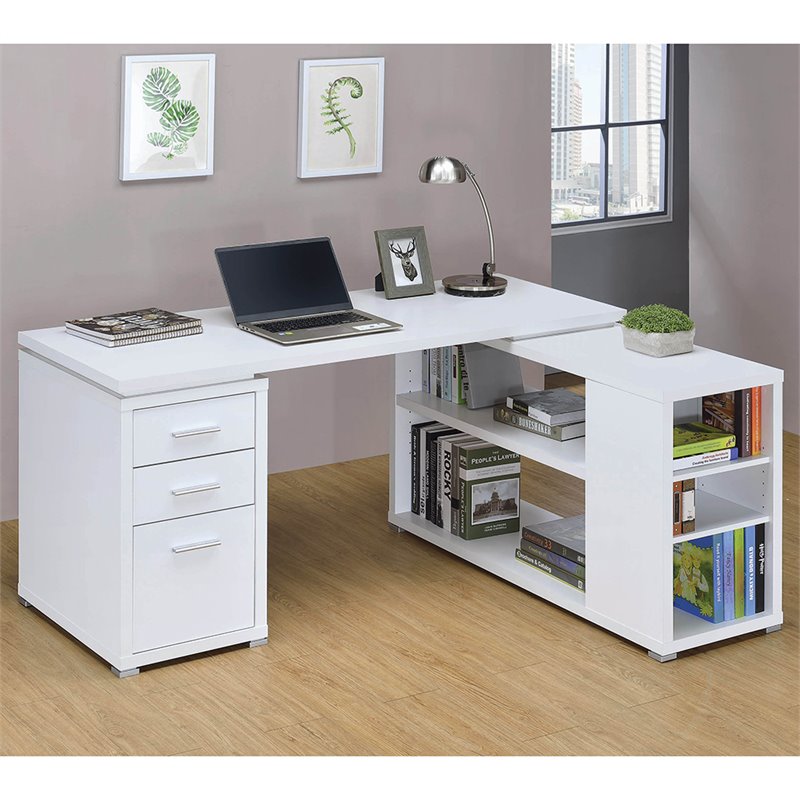 UrbanPro Contemporary Wood L Shaped Writing Desk in White/Silver