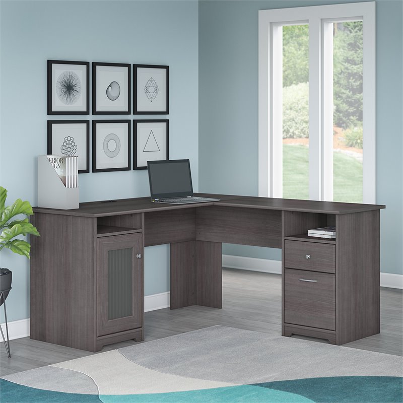 UrbanPro Traditional L Desk with storage in Heather Gray
