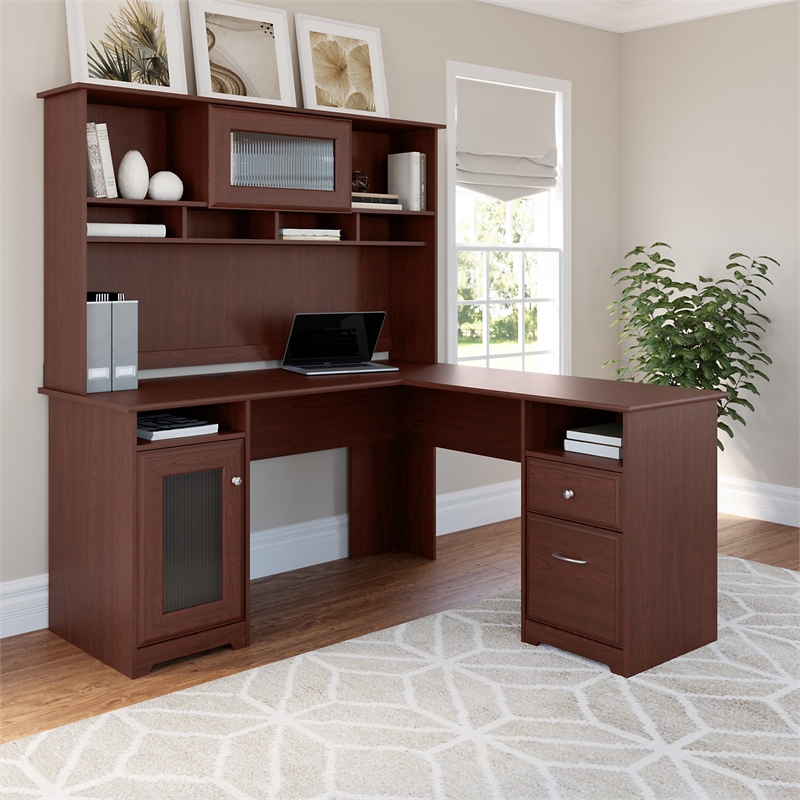 UrbanPro Modern L Shaped Desk with Hutch in Harvest Cherry