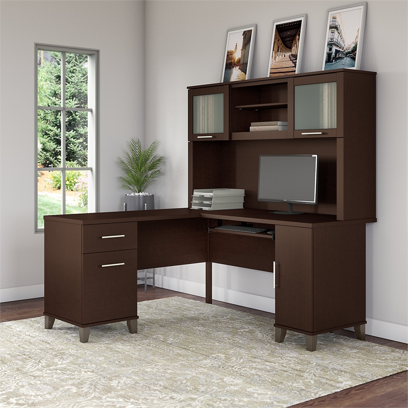 UrbanPro Farmhouse 60W L Shaped Desk with Hutch in Mocha Cherry