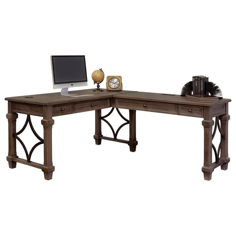 UrbanPro Traditional Wood Open L-Shaped Home Office Desk in Weathered Dove Brown