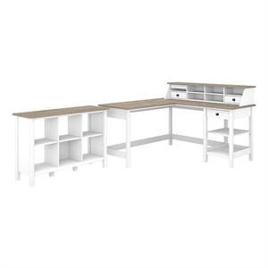 UrbanPro 60&quot Wood L Shaped Desk with Organizer and 6 Cube Bookcase in White