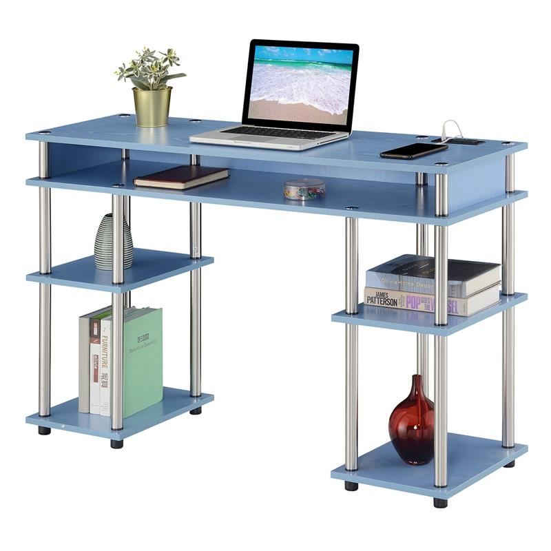 UrbanPro Contemporary Wood Student Desk with Charging Station in Baby Blue
