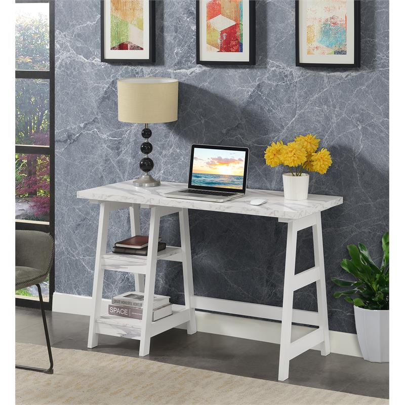 UrbanPro Contemporary Trestle Desk with Shelves in White Faux Marble Wood Finish