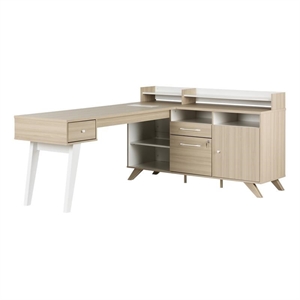 urbanpro traditional l-shaped desk with power bar in soft elm and white