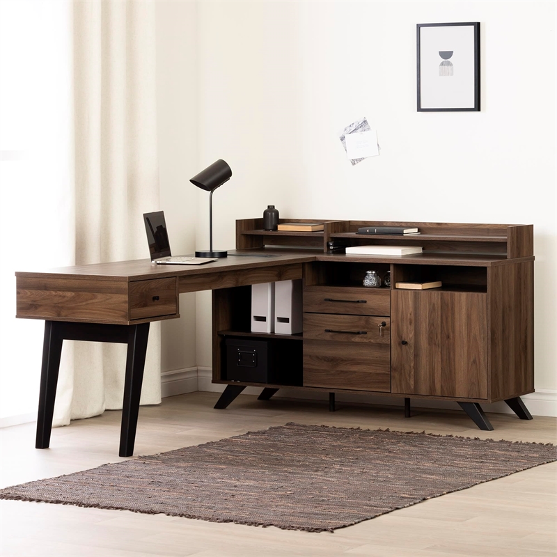 Urbanpro Traditional L-Shaped Desk with Power Bar in Natural Walnut