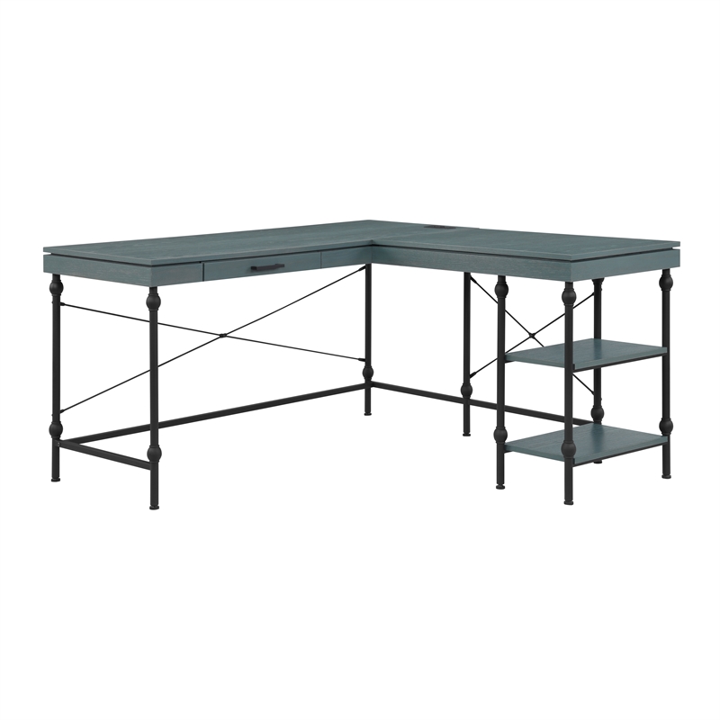 Urbanpro Farmhouse L-shaped Wooden Desk in Antique Blue Finish