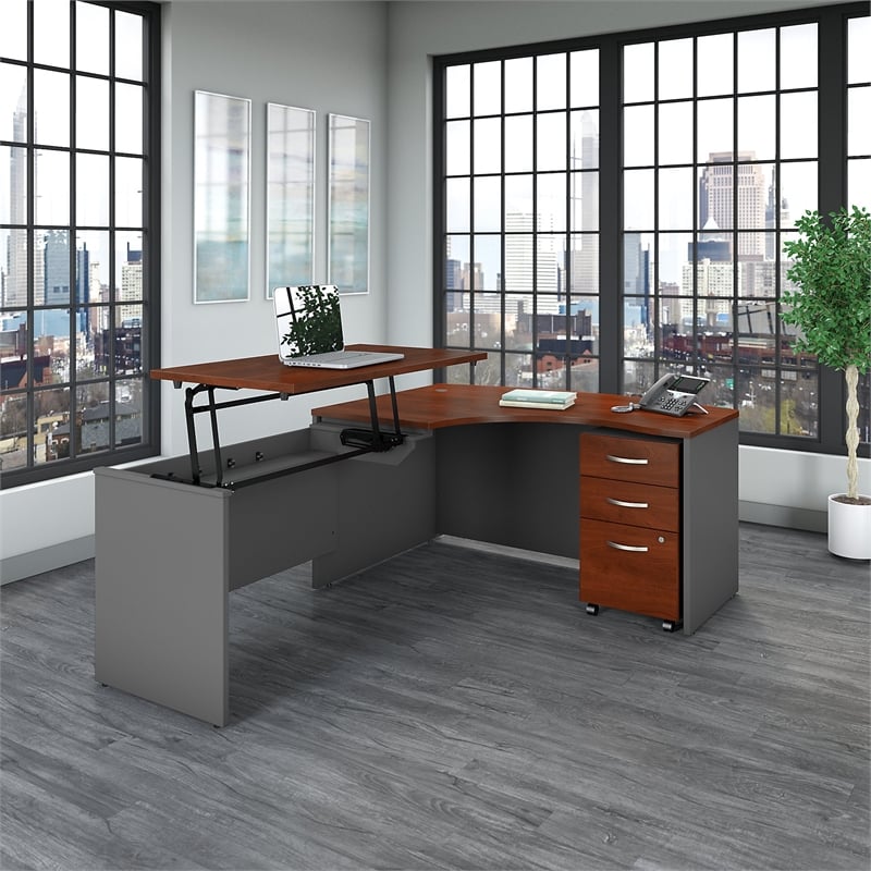 UrbanPro 60W Left Sit to Stand L Shaped Desk Office Set in Hansen Cherry