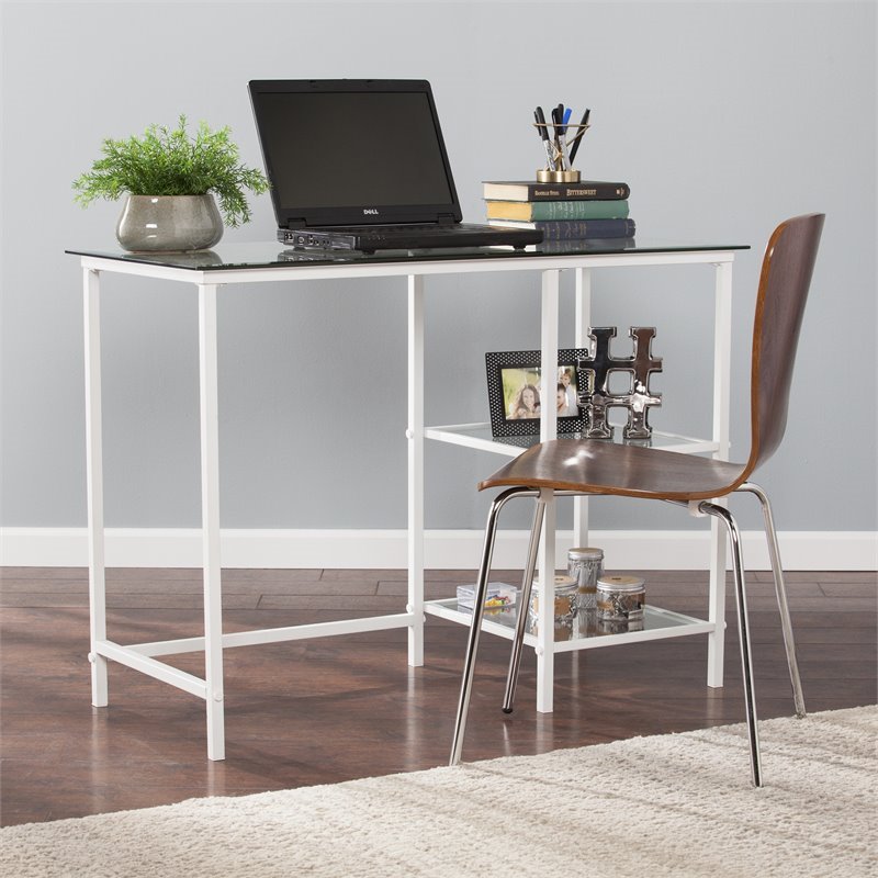 UrbanPro Contemporary Glass Top Metal Student Desk in White Finish