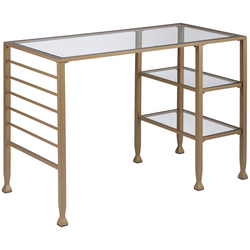 UrbanPro Transitional Glass Top Writing Desk in Soft Gold Finish