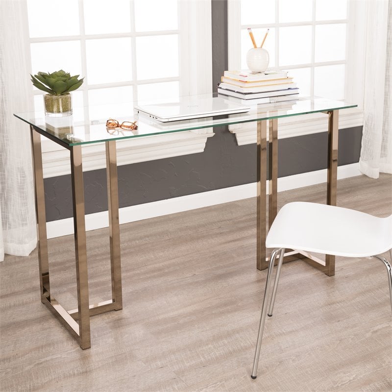 UrbanPro Modern Glass Top Writing Desk in Champagne