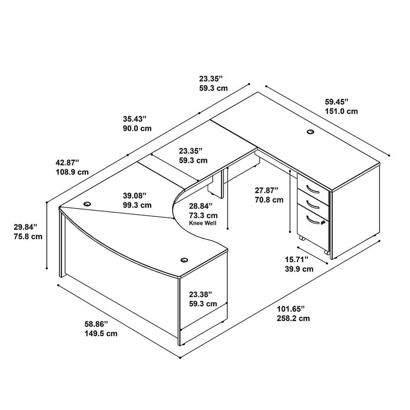 UrbanPro Right Hand Bow U-Shaped Desk with Mobile File Cabinet in Hansen Cherry