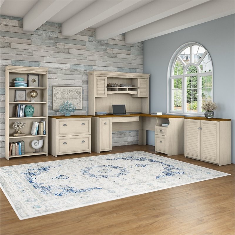 UrbanPro L Desk 5 Pc Office Set with Storage in Antique White - Engineered Wood