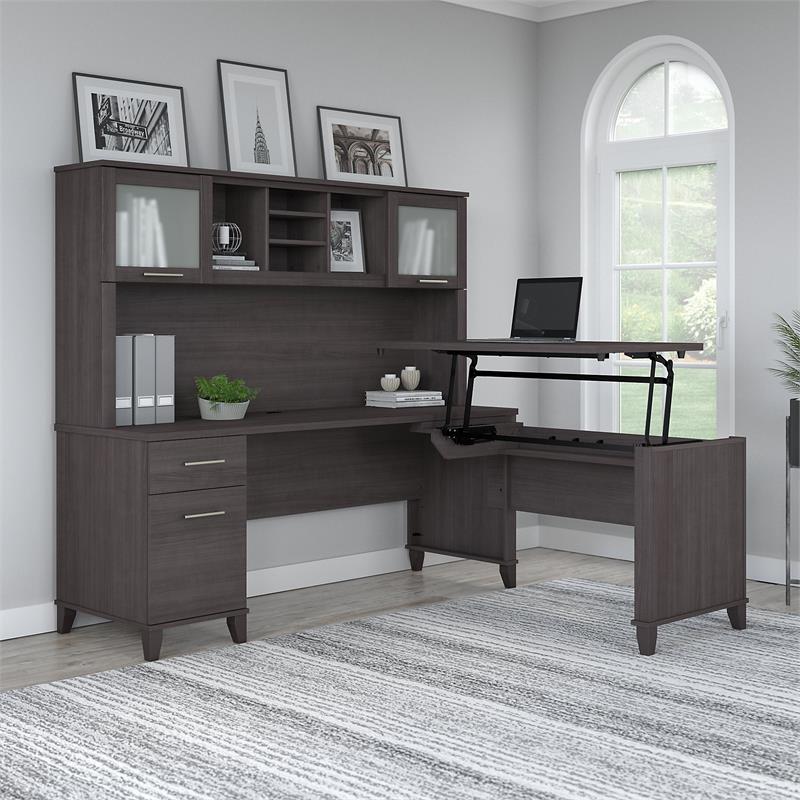 UrbanPro 72W Sit to Stand L Desk with Hutch in Storm Gray - Engineered Wood
