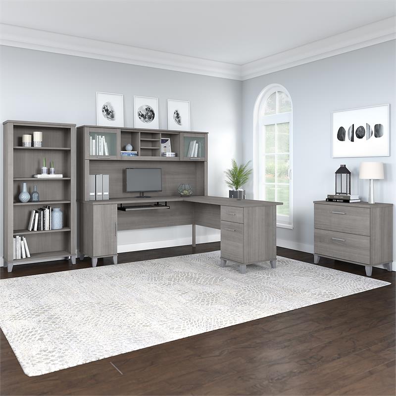 UrbanPro 72W L Shaped Desk Set with Hutch and Storage in Gray - Engineered Wood