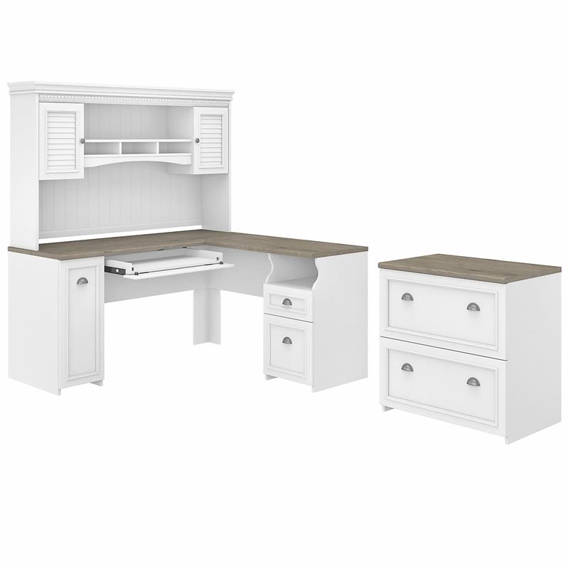 UrbanPro L Desk with Hutch and File Cabinet in White and Gray - Engineered Wood