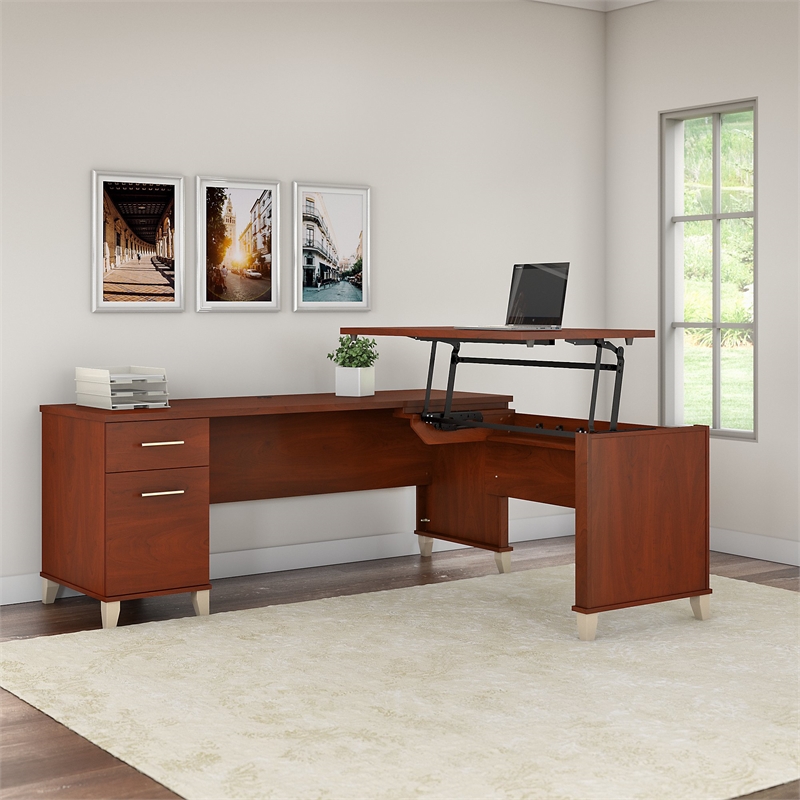 UrbanPro 72W 3 Position Sit to Stand L Desk in Hansen Cherry