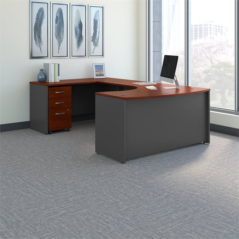 UrbanPro Left Hand Bow U-Shaped Desk with Mobile File Cabinet in Hansen Cherry