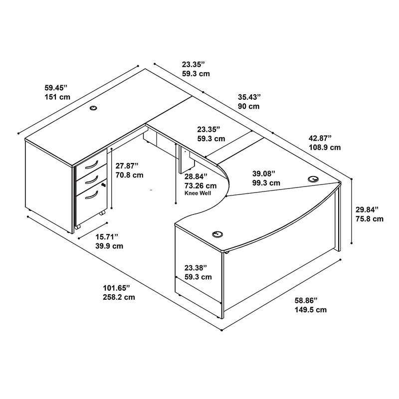 UrbanPro Left Hand Bow U-Shaped Desk with Mobile File Cabinet in Hansen Cherry