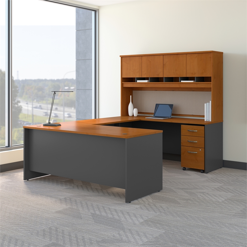 UrbanPro 72W U-Desk with Hutch and Storage in Natural Cherry - Engineered Wood