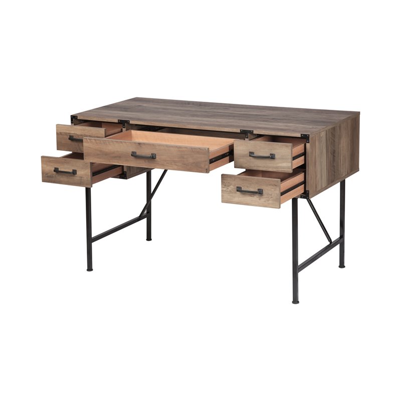Urbanpro 5-Drawer Transitional Wood Writing Desk in Rustic Oak