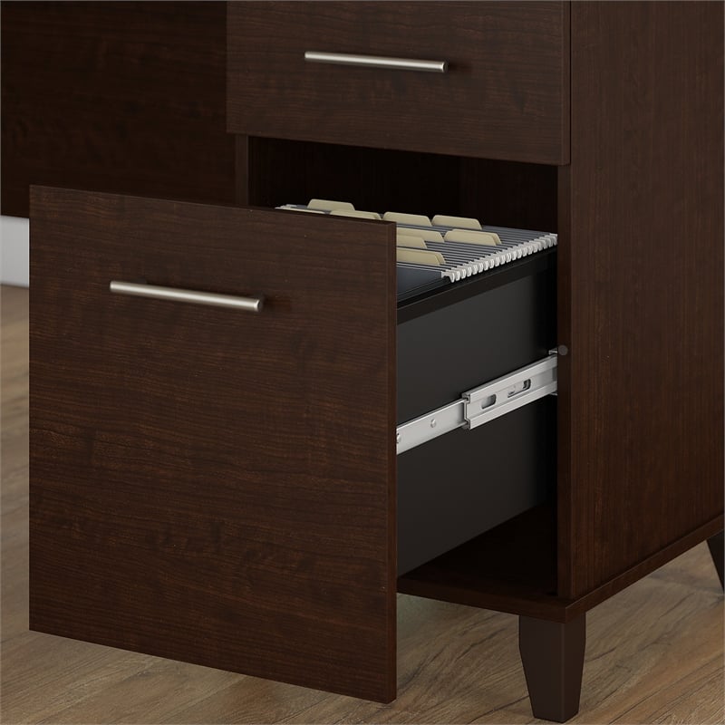 UrbanPro 60W L Shaped Desk with Hutch and 5 Shelf Bookcase in Cherry