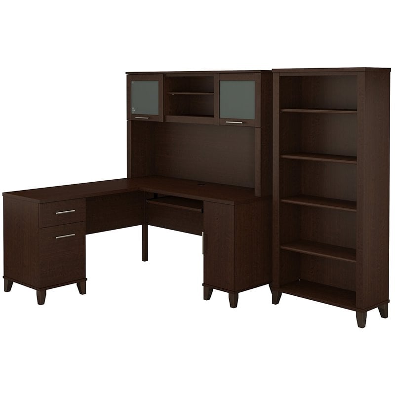 UrbanPro 60W L Shaped Desk with Hutch and 5 Shelf Bookcase in Cherry