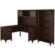 UrbanPro 60W L Shaped Desk with Hutch and 5 Shelf Bookcase in Cherry