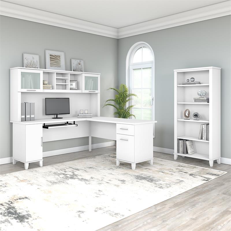 UrbanPro 72W L Shaped Desk with Hutch and Bookcase in White - Engineered Wood