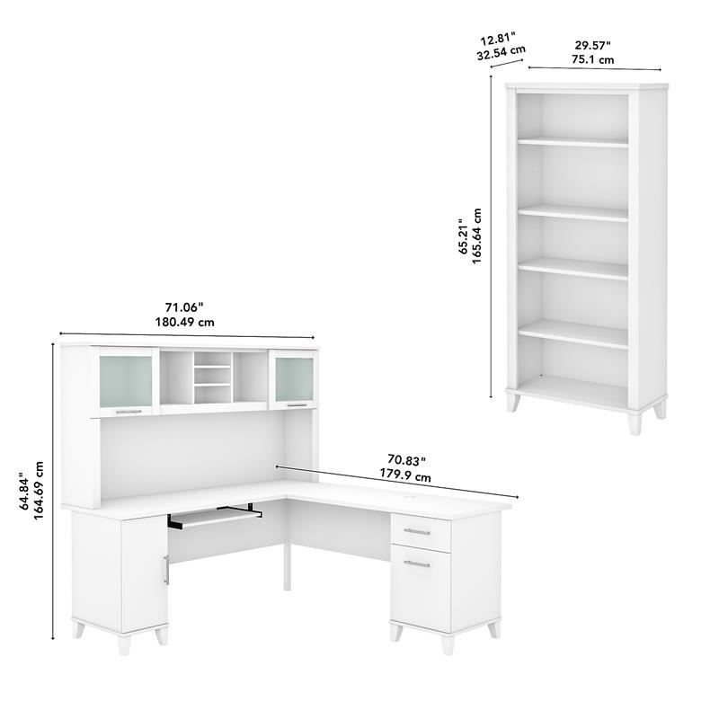 UrbanPro 72W L Shaped Desk with Hutch and Bookcase in White - Engineered Wood
