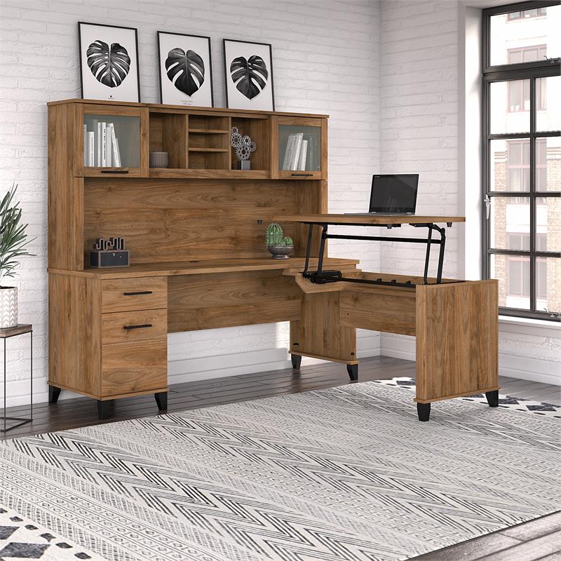 UrbanPro 72W Sit to Stand L Desk with Hutch in Fresh Walnut - Engineered Wood