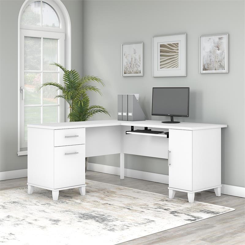 UrbanPro 60W L Shaped Desk with Storage in White - Engineered Wood