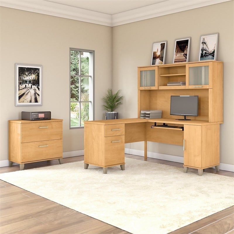 UrbanPro 60W L Shaped Desk with Hutch and File Cabinet in Maple Cross