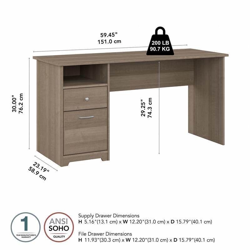 UrbanPro 60W Computer Desk with Drawers in Ash Gray - Engineered Wood