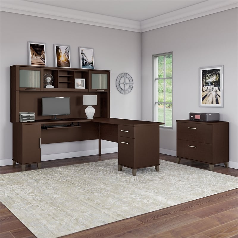 UrbanPro 72W L Shaped Desk with Hutch and File Cabinet in Mocha Cherry