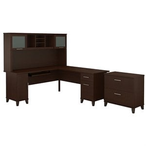 UrbanPro 72W L Shaped Desk with Hutch and File Cabinet in Mocha Cherry