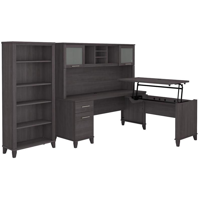 UrbanPro Sit to Stand L Desk Set with Bookcase in Storm Gray - Engineered Wood