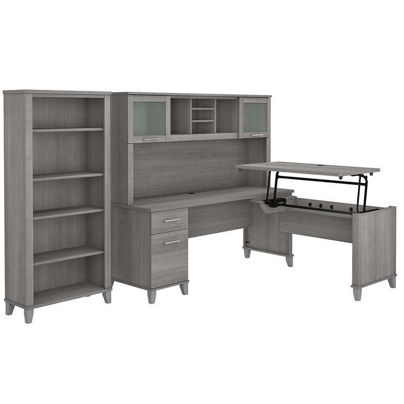 UrbanPro Sit to Stand L Desk with Hutch and Bookcase in Gray - Engineered Wood