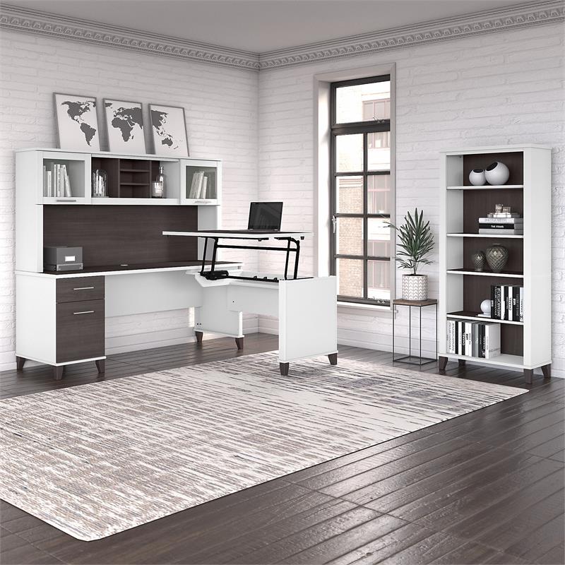 UrbanPro Sit to Stand L Desk Set with Bookcase in White/Gray - Engineered Wood