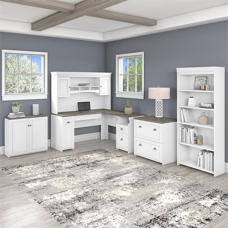 UrbanPro L Desk 5 Pc Office Set with Storage in White & Gray - Engineered Wood