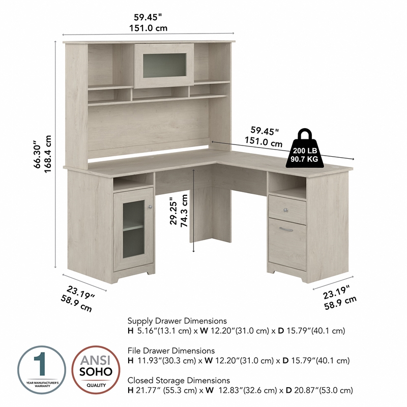 UrbanPro Engineered Wood 60W L Shaped Computer Desk w/ Hutch in Linen White Oak