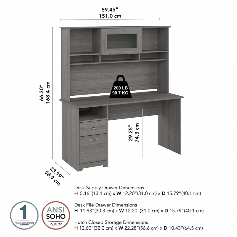 UrbanPro 60W Computer Desk with Hutch in Modern Gray - Engineered Wood