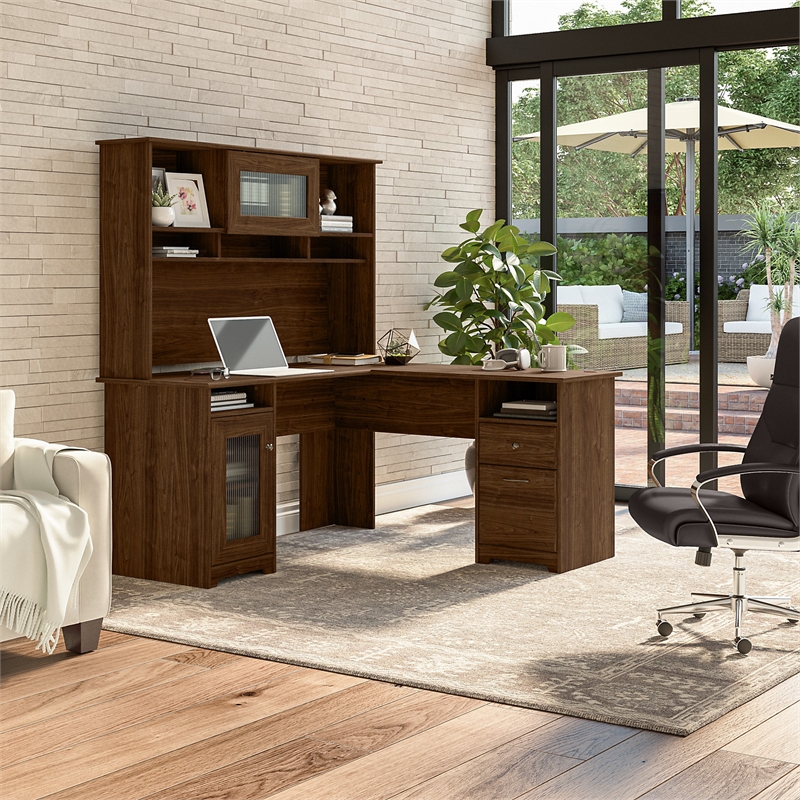 UrbanPro Engineered Wood 60W L Shaped Computer Desk with Hutch in Modern Walnut
