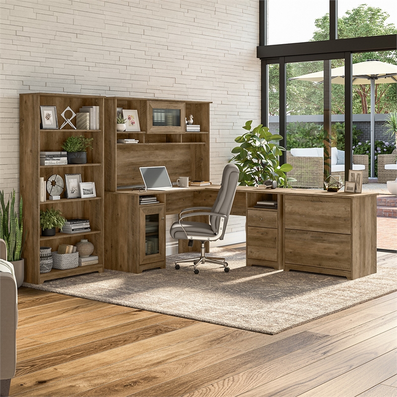 UrbanPro Engineered Wood L Shaped Desk with Hutch and Storage in Reclaimed Pine