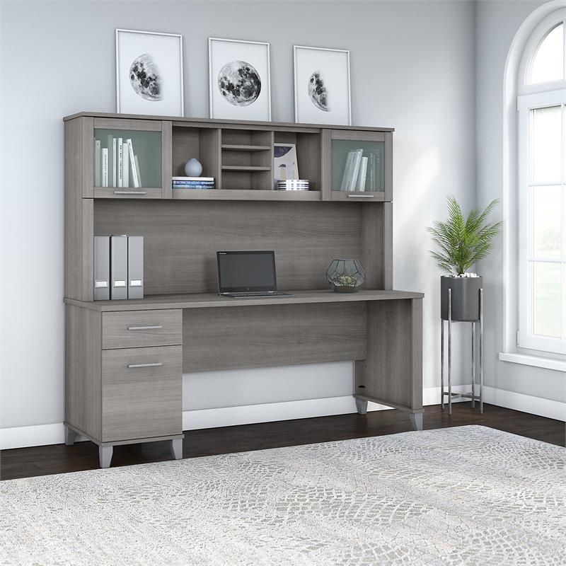 UrbanPro 72W Office Desk with Drawers and Hutch in Gray - Engineered Wood